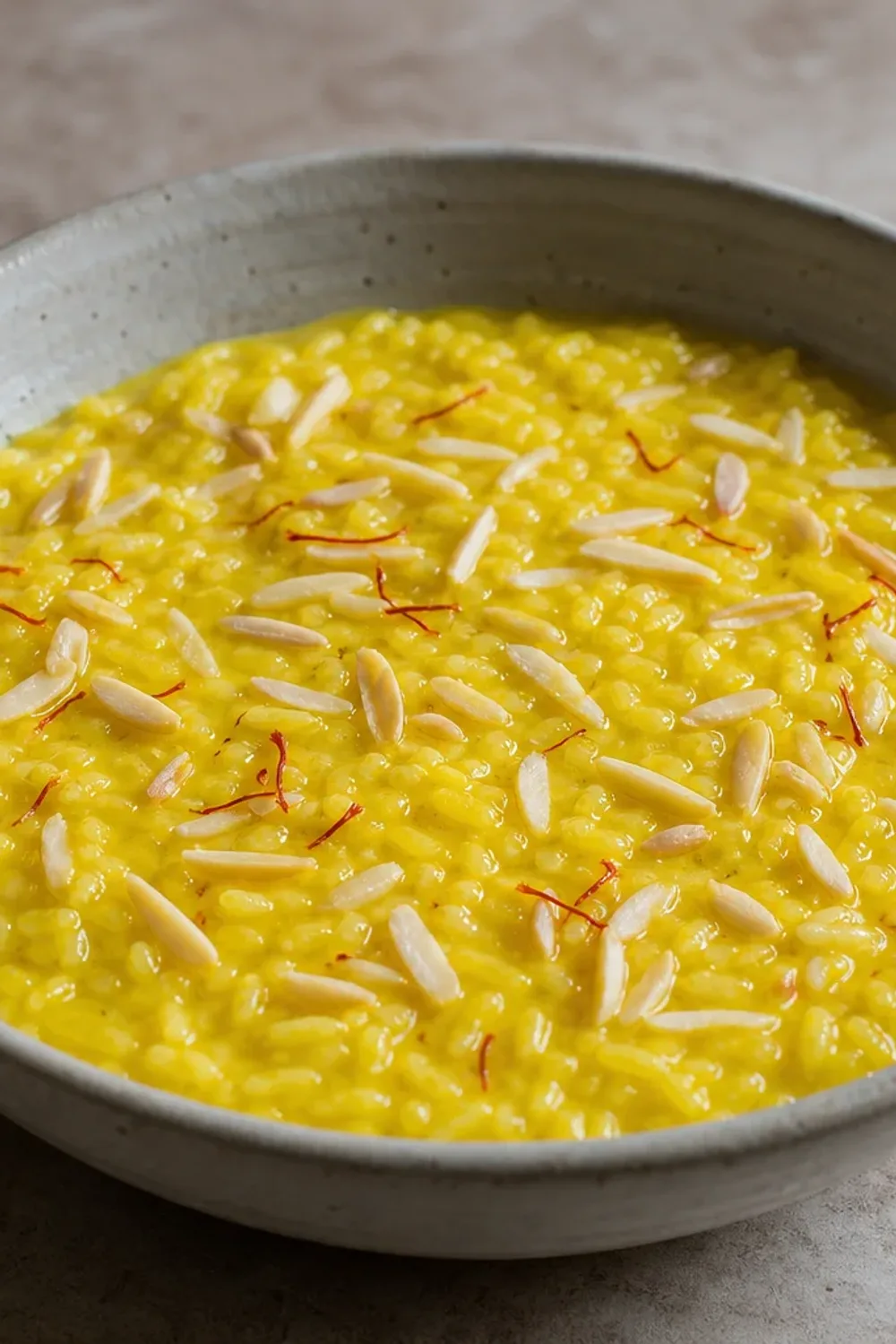 Creamy saffron rice pudding topped with almonds and cinnamon, served in a bowl.