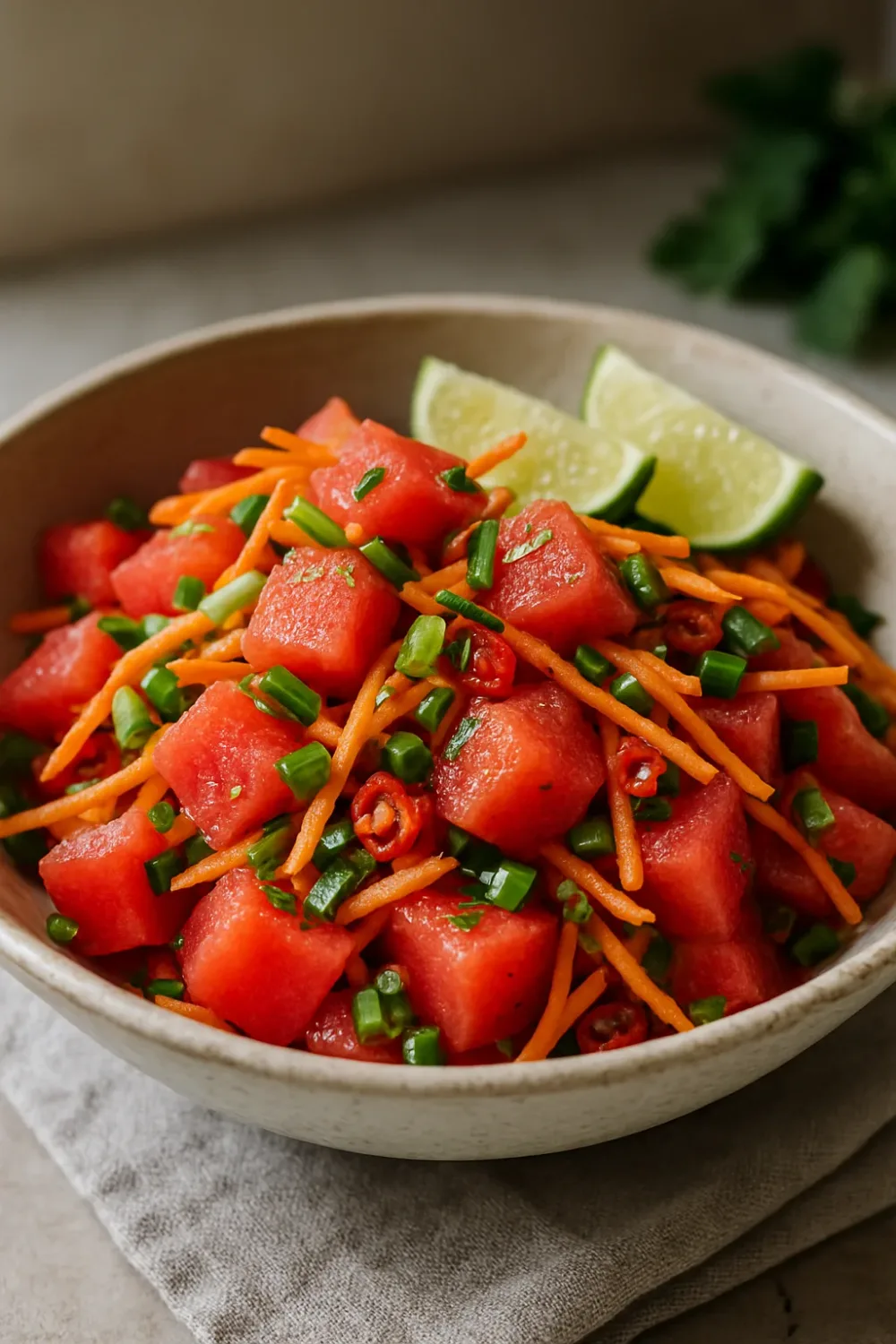 Spicy Watermelon Som Tam Salad with Lime and Chili — healthy recipe, beautifully plated and ready to serve