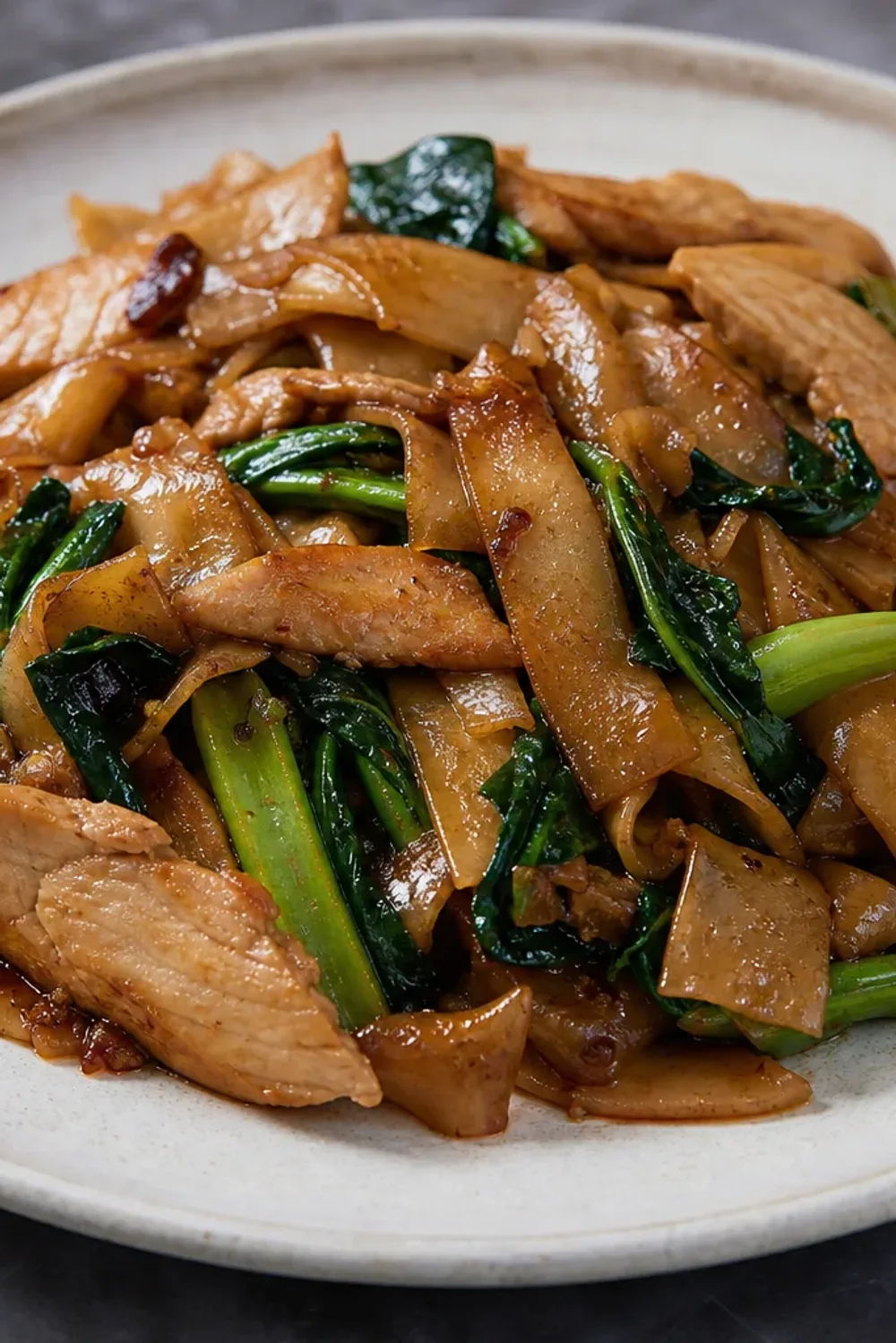 A colorful plate of Pad See Ew with chicken, Chinese broccoli, and wide noodles garnished with sesame seeds.
