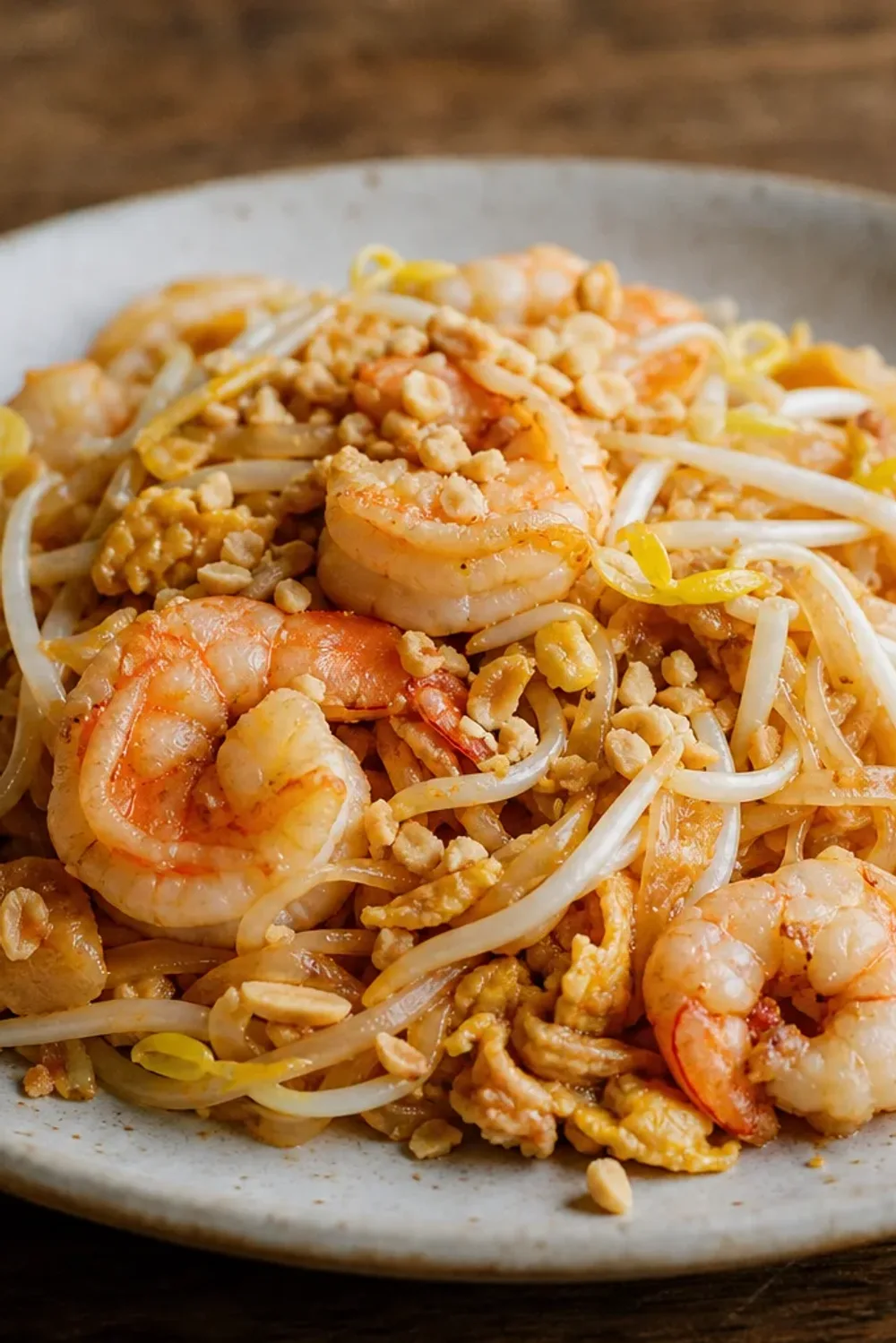 A vibrant plate of Pad Thai with shrimp, garnished with peanuts and lime wedges, showcasing colorful vegetables and glossy noodles.