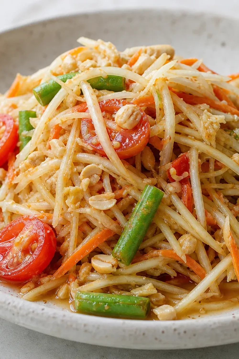 A vibrant plate of Thai Som Tam salad featuring shredded green papaya, tomatoes, peanuts, and a drizzle of dressing, garnished with fresh herbs.
