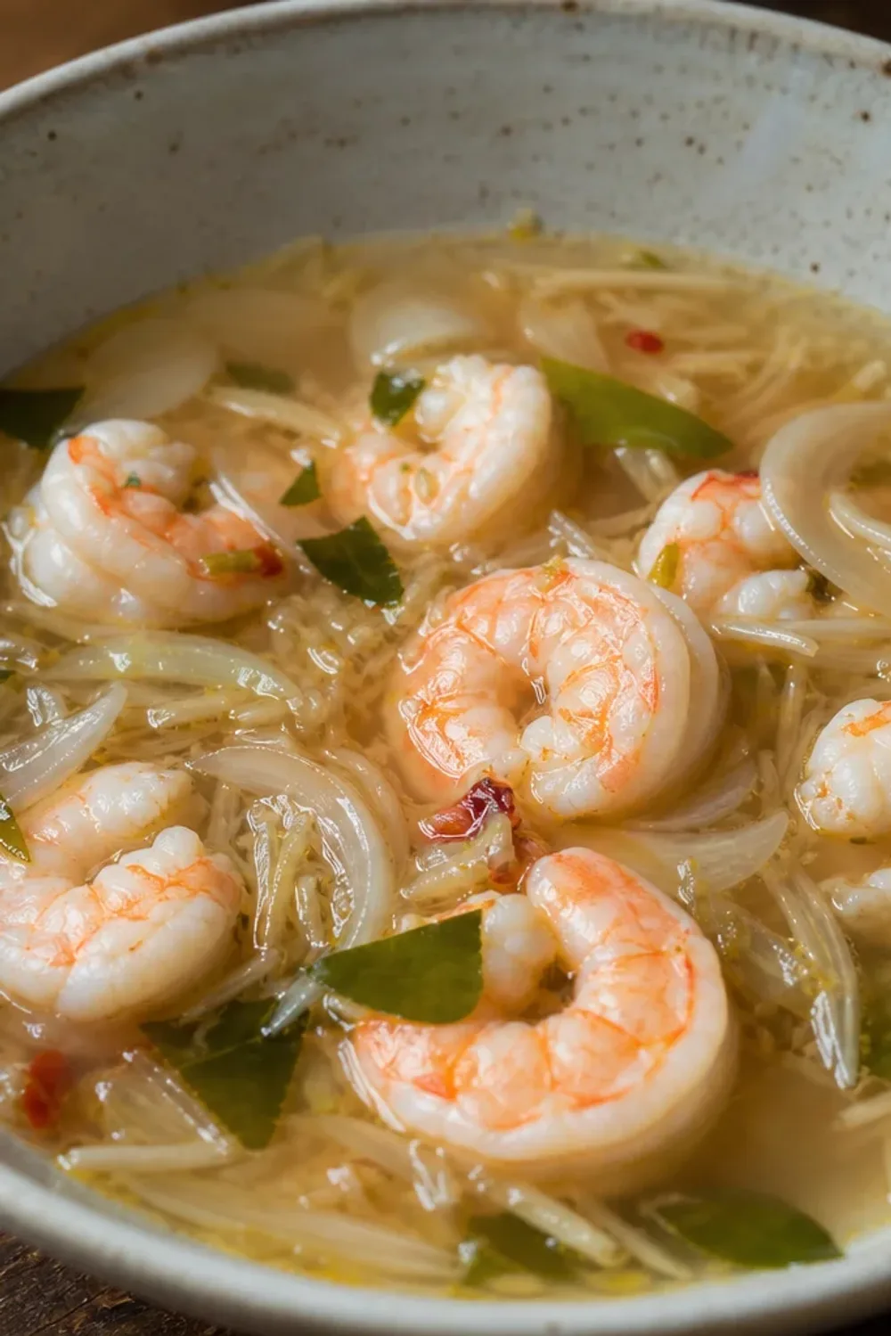 Bowl of Tom Yum Goong with shrimp, herbs, and lime, garnished beautifully.