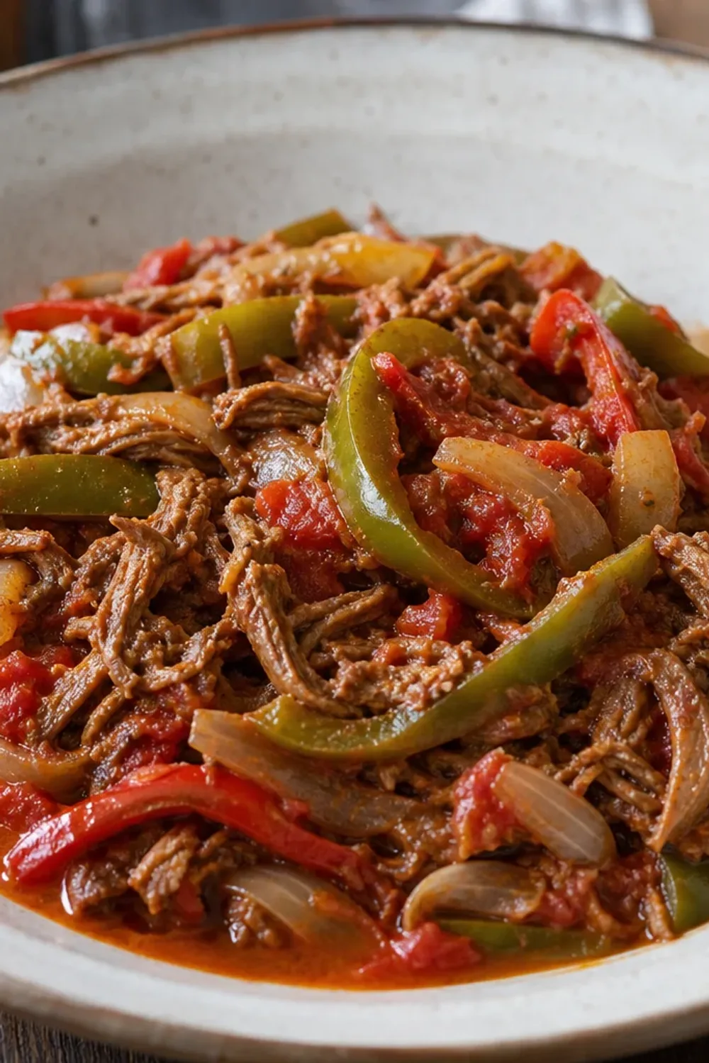 Plated Cuban Ropa Vieja with shredded beef, vibrant bell peppers, and rich tomato sauce served with rice.