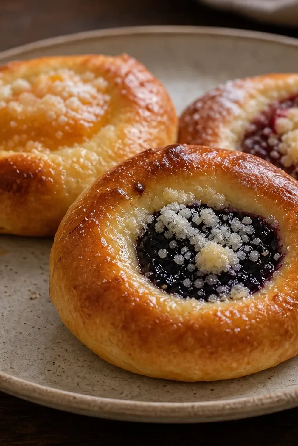 Golden brown koláče pastries filled with fruit, sprinkled with powdered sugar, on a rustic wooden table.
