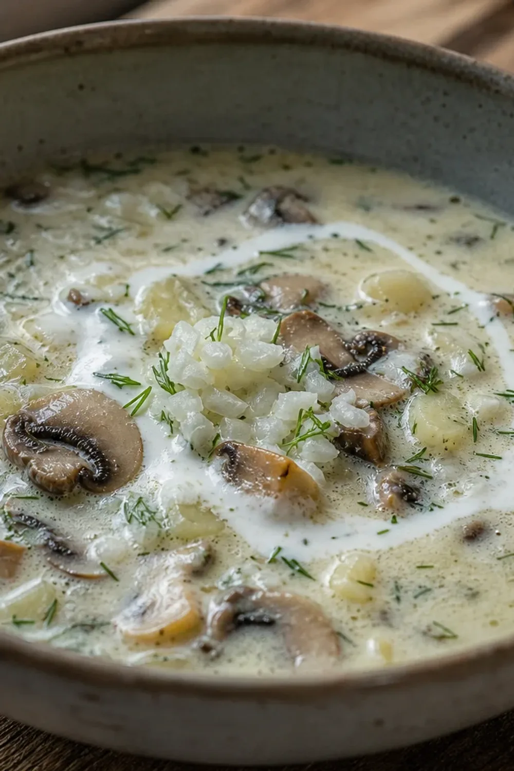 Creamy mushroom dill soup garnished with fresh dill and potatoes in a bowl.