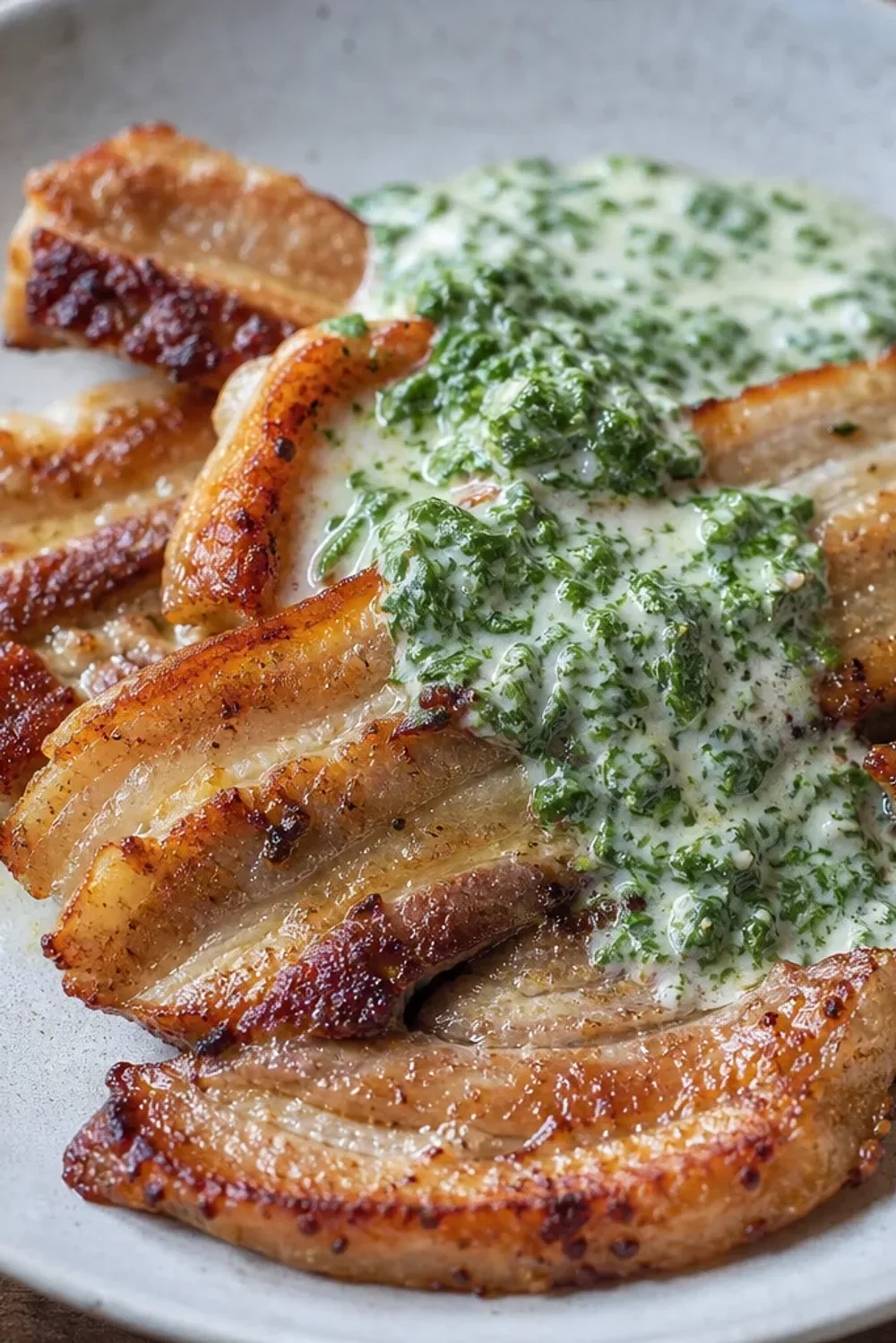 Crispy fried pork belly served with creamy parsley sauce and potatoes, garnished with fresh parsley.