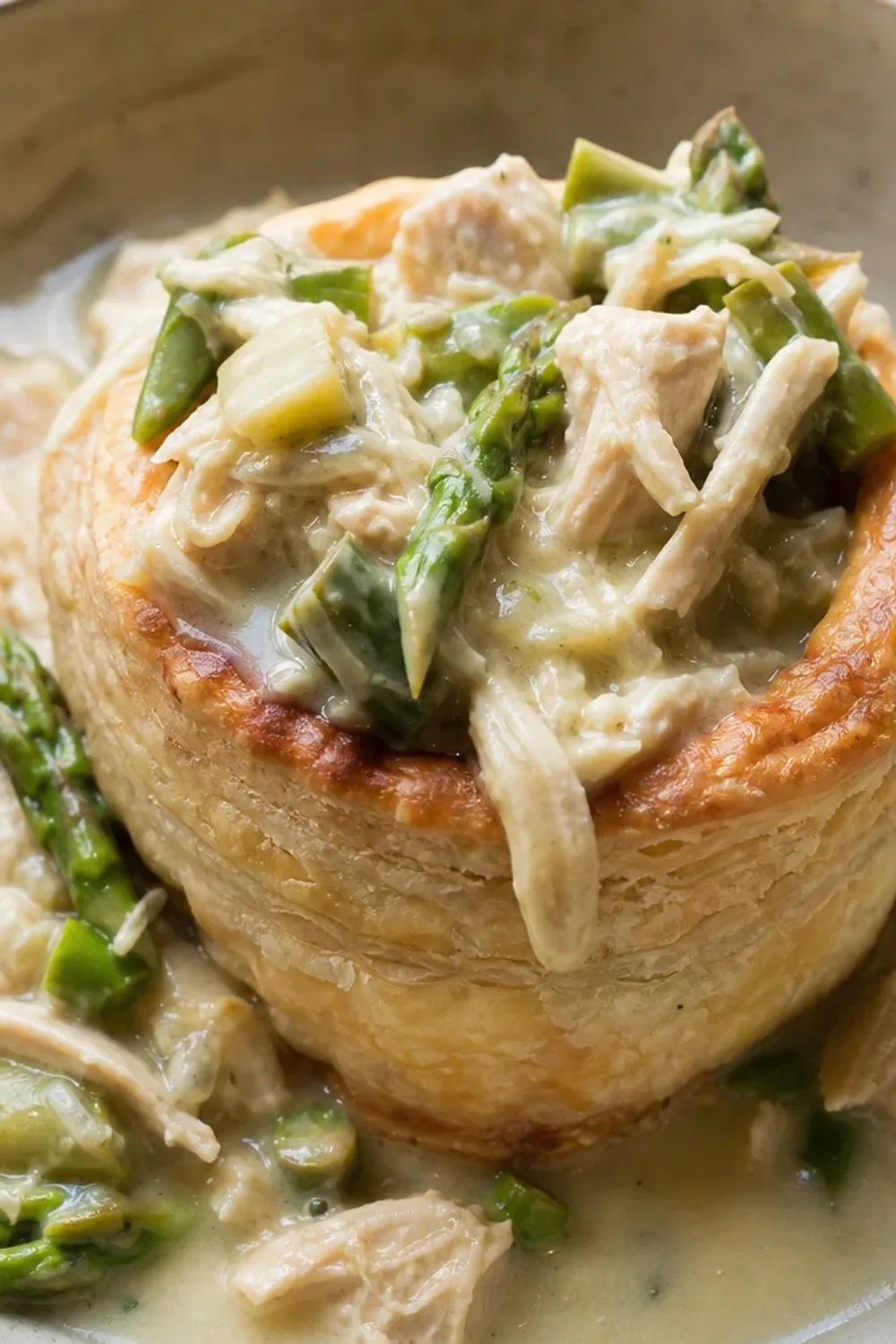 Golden puff pastry filled with creamy chicken and fresh asparagus, garnished with herbs.