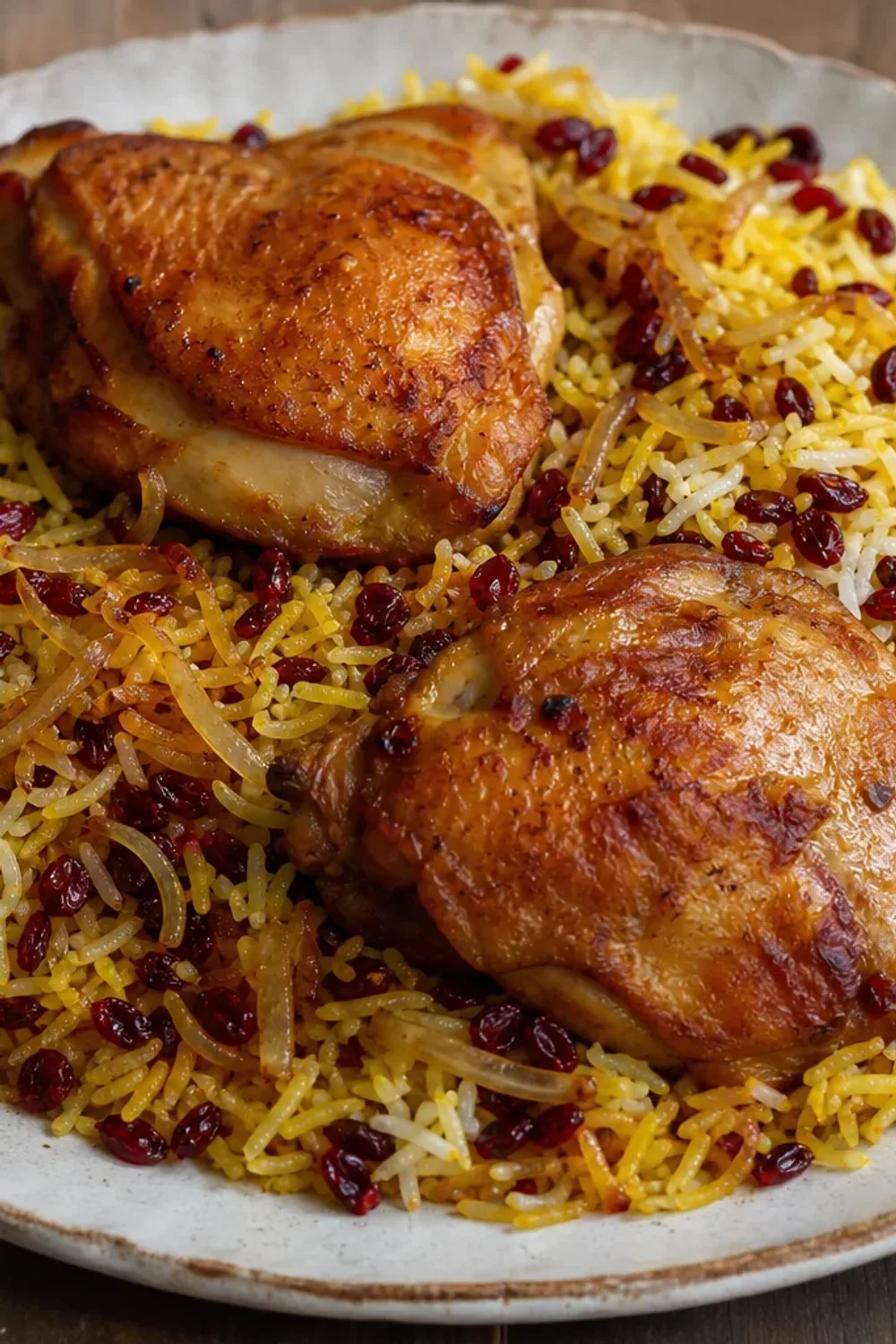 Fluffy saffron rice topped with tender chicken and bright red barberries garnished beautifully.